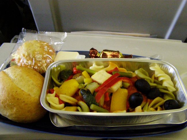 フランクフルトまでは3時間ほどの小旅行。<br />機内食ももちろんありました！<br />