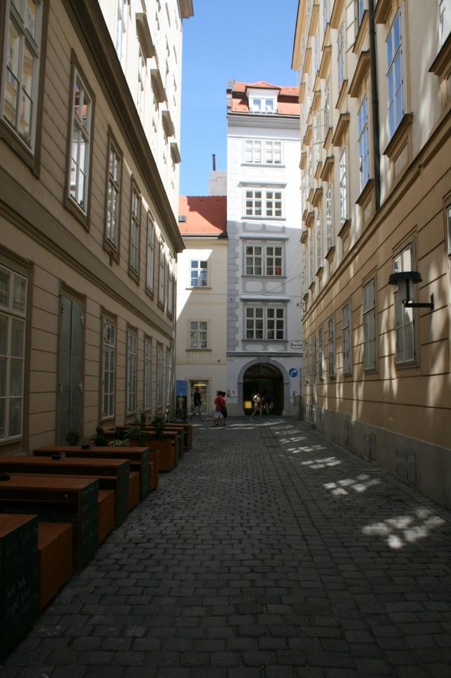 写真の奥に見えるのが、モーツァルトが暮らしていたマンション。１階と路地はCafeです。さすがCafeの街。