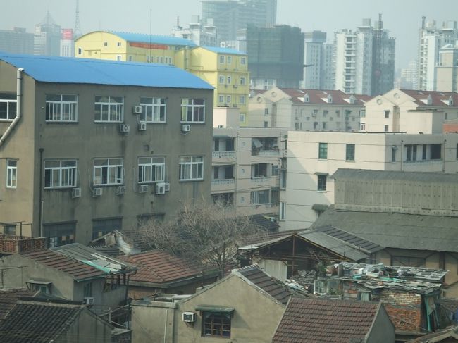 廃墟？ほったて小屋？みたいな雑然とした一画の向こうには、高層ビル群が。