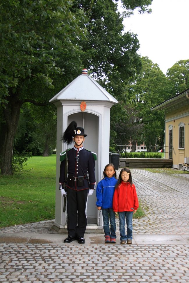 8日目(8/17)。この日はノルウェー最終日。王宮で衛兵さんと記念撮影。つたない英語で尋ねると、簡単に撮影をさせてくれました。普段は銃を肩に構えてますが、撮影の時は休めのポーズ(写真)をしてくれます。銃の側に立つと注意されました。後日コペンハーゲンのアメリエンボー宮殿にも行きましたが、オスロの衛兵さんの方が好感が持てました。
