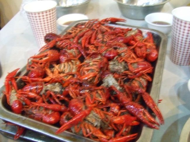 同じく新天地内のlunaというお店で、ライブを見てたときに知り合った現地の方々に、夜食につれてってもらいました。<br />場所も店の名前も分からないけど、とにかく現地の人じゃないとちょっと入れない感じの「ザリガニ屋」。<br />ビニールの手袋をして、ぱきっと割ってちゅうちゅうする。<br />ちょっとピリ辛で後引くうまさ！<br /><br />この時トイレに行った友達は、うわさのニーハオトイレに遭遇したんだって！戸がなくて溝だけだったとか、、私も経験したかった！<br />上海って、表の顔はちょーオシャレになってきてるけど、庶民の実情はまだまだなんすかね〜