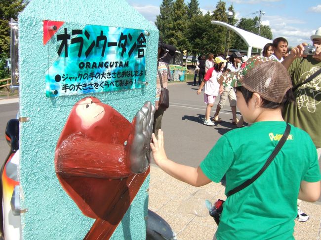 　オランウータンと手の大きさ比べ。裏にはペンギンさんとの背の高さ比べがあります。