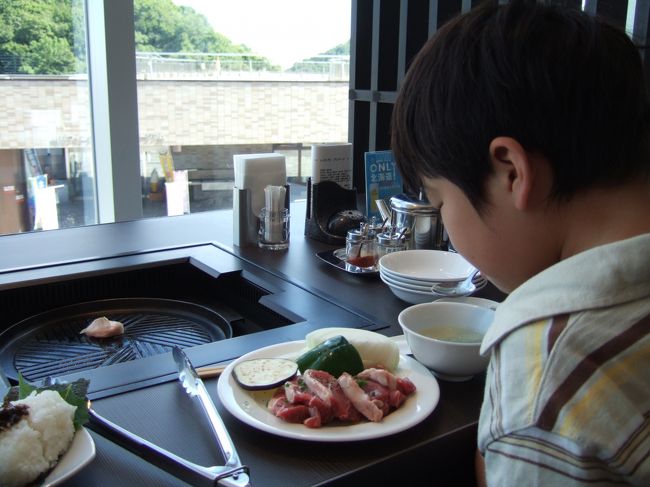  クリスタルハウスの２階にこじゃれたレストラン。気後れしましたが「おなかすいたー」「うわー、やきにく！」とＳ君が喜ぶので入ってしまった。<br />　札幌市街が見渡せる窓際に向かって並んだ席に案内してもらい、ラム肉の焼肉ランチと特製ラーメンを注文。焼きながら食べるのが楽しいねー。<br />　肉はおいしかったそうです（Ｓ君が完食）。<br />　ラーメンも食べたいというので頼んだのに、辛すぎてＳ君はぎぶあっぷ。おいしかったんですよ、でも量が多かった。。