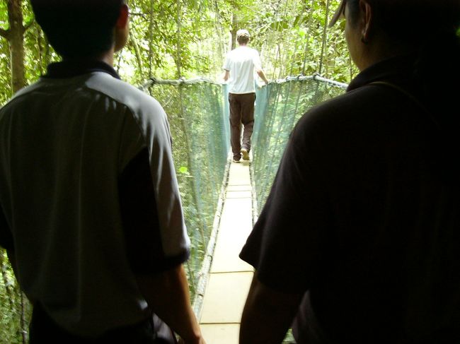 狭い吊り橋・・・一度に６人までです。こんな感じでロープを持って渡ります。