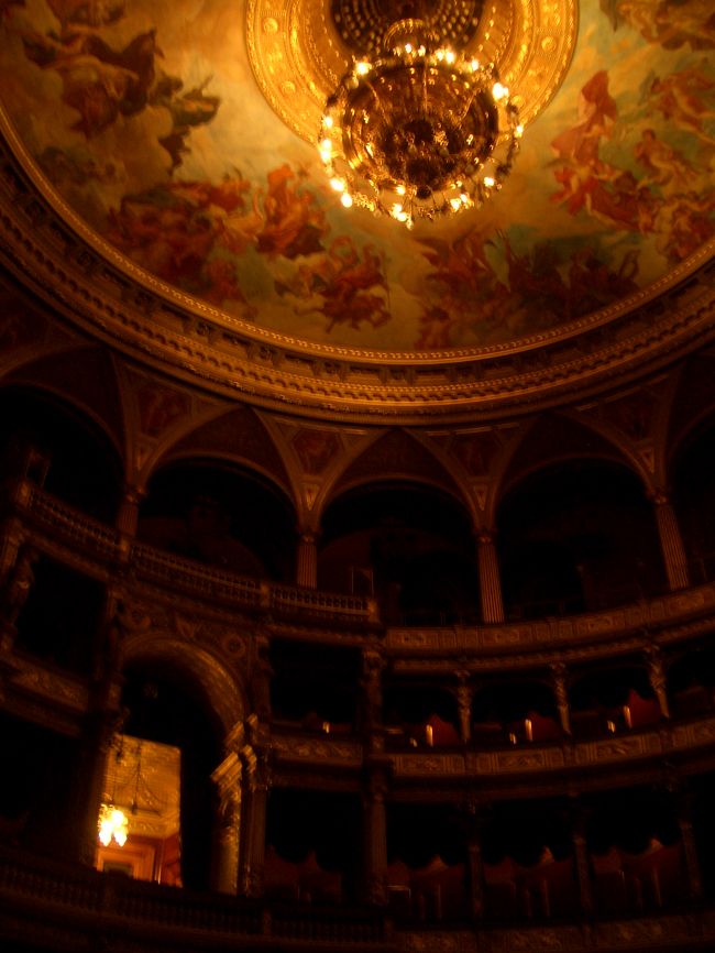 そして先へ進んで、、やってきました！！これが劇場内部でございます。天井の画がすごくキレイですね〜。シャンデリアも一段とデカっ、重そっ。