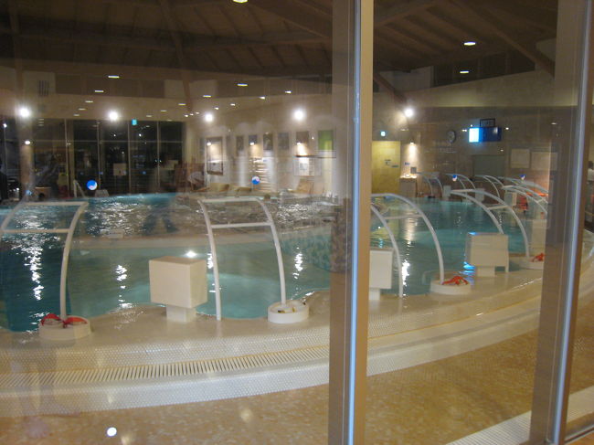 写真、奥のほうから入り、順番に移動しながら、プールの中で歩いたりします。手前では、モニターを見ながら手足を動かします。