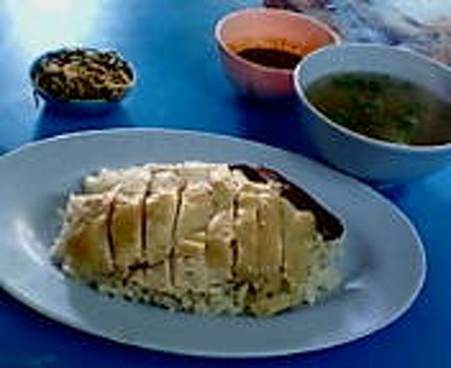 ジャーン！<br />出てきたカオマンガイ。温かい鶏肉のスープと薬味２種、ソースがついてきました。鶏肉の横には、レバーぽい見た目だけど血のかたまりが添えられていて、美味しかった！！<br />薬味は、青と赤の唐辛子２種の輪切りと、ショウガとミョウガをまぜたようなもの。両方こんもり乗ってて、全部食べましたw<br /><br />すごい美味しかった〜薬味も体にいい感じ。