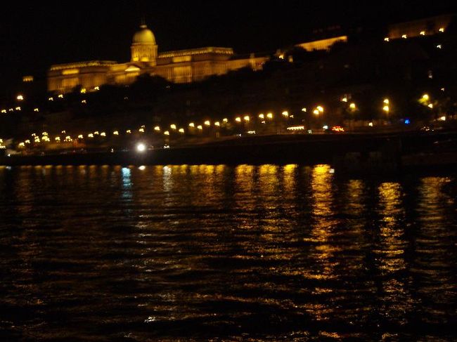 船から見ると後方になってきた、ブダ側王宮の丘方向です。丘の上とブダ川沿いの街灯が川に映ってます。