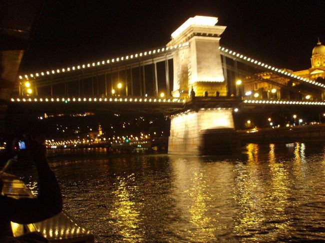 船はＵターンし、再びくさり橋に近づいて来ました。<br />白亜の橋塔が浮かび上がってきます。くさり玉もきれいです。