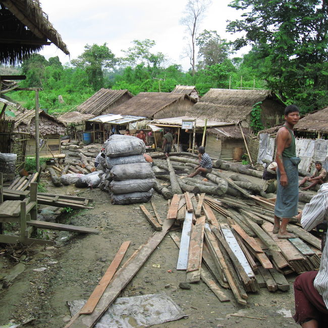 付近で伐採されたアイアンウッドが集まってくる川のほとりの村。8時過ぎに到着。<br />アイアンウッドは名前の通り、びっくりするほど硬くて重い。