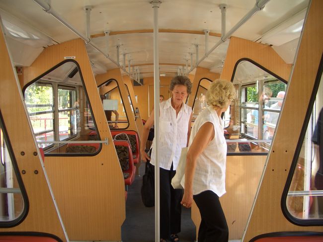 子供鉄道に乗り換える駅に到着です。乗車している人はみんな降りていきます。登山鉄道の列車の中はこんな感じ。