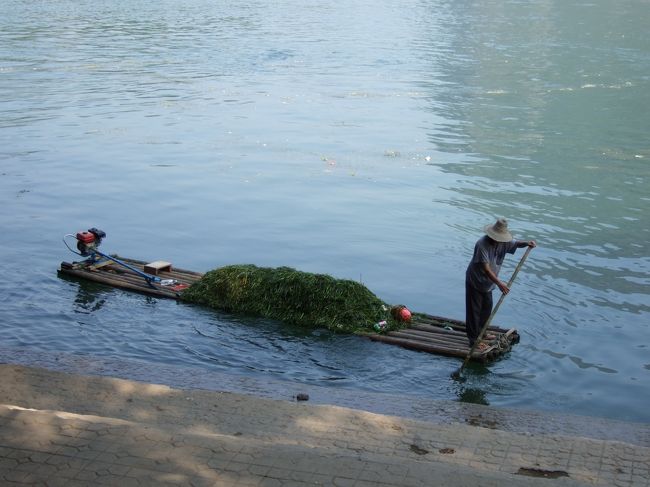 船のスクリューで浮いてしまった水草を集めるおじさん。<br />ご夫婦で一生懸命働いていました。