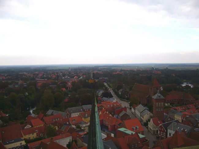 　悪戦苦闘の末、ようやく塔の屋上にたどり着きました。地上でもすでに風が強かったので、塔の上は暴風状態です。風に押されてよろめきそうになるのを踏ん張ってこらえながら、目の前の景色をしばし呆然と眺めます。どんよりと曇った空の下に、深い緑と赤い屋根が混じりあい、その向こうにはどこまでも平らな平原が広がっています。晴れた日の景色には及ばないかも知れませんが、風に吹かれながらこういう景色を見ていると、不思議と気分が高揚してきて、随分遠いところまで旅をしてきたんだなぁ、という実感が、あらためて湧き上がってきます。<br />　さて、一応写真も撮っておかなければなりません。風で体が動かないようにするのが精一杯で、光の加減など気にしている余裕はありません。実際出来上がった写真も失敗っぽいですが、全体的に暗い中で、赤の鮮烈さが妙に印象に残る写真になりました。