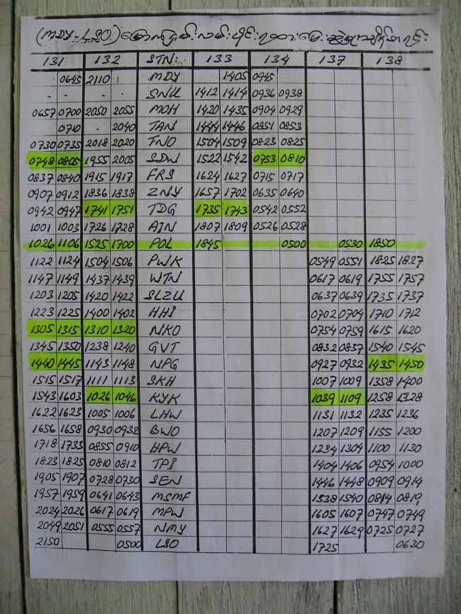 駅長室の時刻表を、許可を得て撮らせたいただいた。<br /><br />（日本では当たり前のことだけど、<br />ミャンマーではこのような時刻表の入手は、<br />とても困難）<br /><br />2006年10月23日現在。<br />