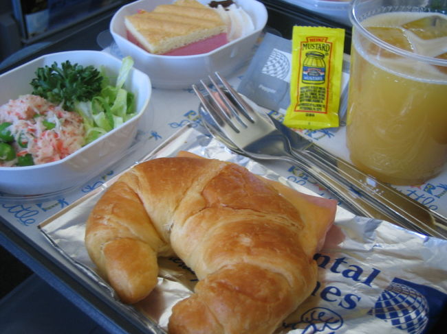 【息子、飛行機を初体験】<br />そしていよいよ離陸の時。<br />「あの大きな音で泣いちゃうかな」という心配はまったく不要でした。<br />こっちが拍子抜けするくらいおとなしいではありませんか！<br />しかも朝起きてから既に3時間経過していて、すっかり疲れてしまったのか、離陸からおよそ5分でオヤスミナサイ。。<br />その後、1時間ほど眠ったあとは、ごはん食べたり、立ったり座ったりして遊んだり、後ろの席の女の子にちょっかいかけたり、ちょっぴりグズッたりしているうちに、あっという間に到着。<br />やはり3時間半というフライト時間は、本当にありがたい限りです。<br />現地に着いてからの親の疲労度も、全然軽かったです。<br /><br /><br />＊写真／大人用の機内食。通常の欧米便に比べるとかなりライトな内容でした。でも味は◎。