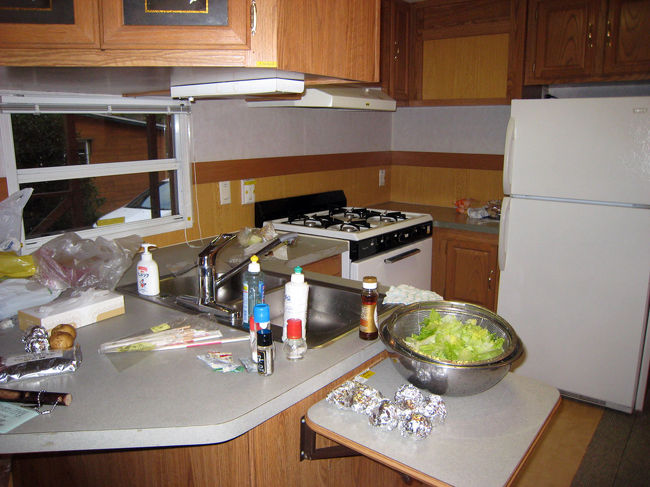 トレーラーハウスの中?<br />汚いのですが、キッチン。<br />ガスコンロはついていますが、中で火を使用するのは禁止です。<br />包丁やボール、一切ないので、持参して下さいね。<br />洗剤だけはあります。