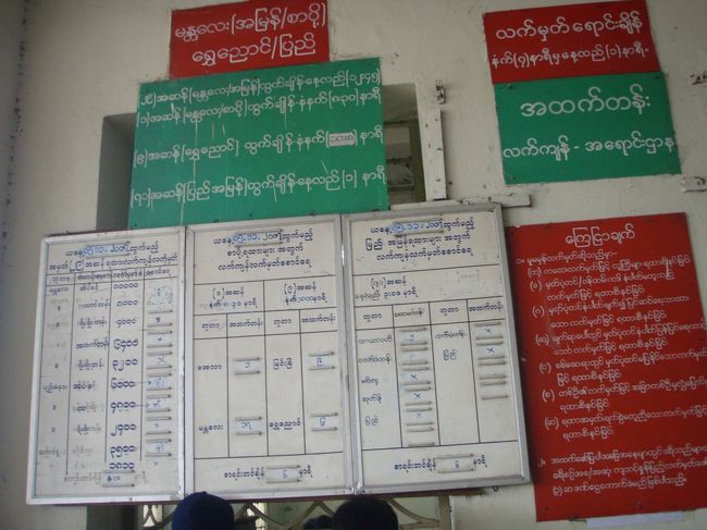 キップ売り場の時刻表？運賃表？もビルマ文字＆ビルマ数字ばかりでチンプンカンプンです。でも窓口の駅員さんは英語が出来るので良かった。これでキップが買えます。バコーまでアッパークラスで５ＵＳ＄(外国人料金でドル払いです）。