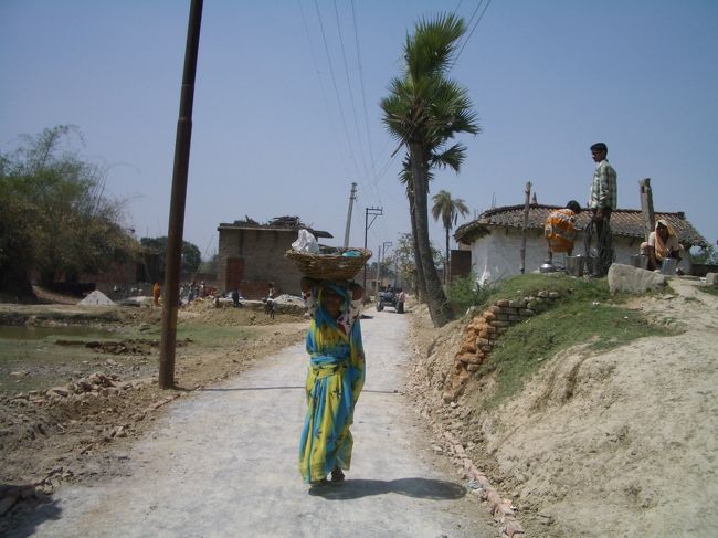 この　ベナレス郊外！の　貧しい！村！には、ーーー水道も　当然！　無いっ！！！<br /><br />道の右側！　小高い　場所が、「村の共同！　水汲み場」となっているのです。何人かが、水汲み！に来ているようですね。<br /><br />グリーンの　民族衣装！の　女性は、頭に、大きなカゴを　載せて　歩いています。