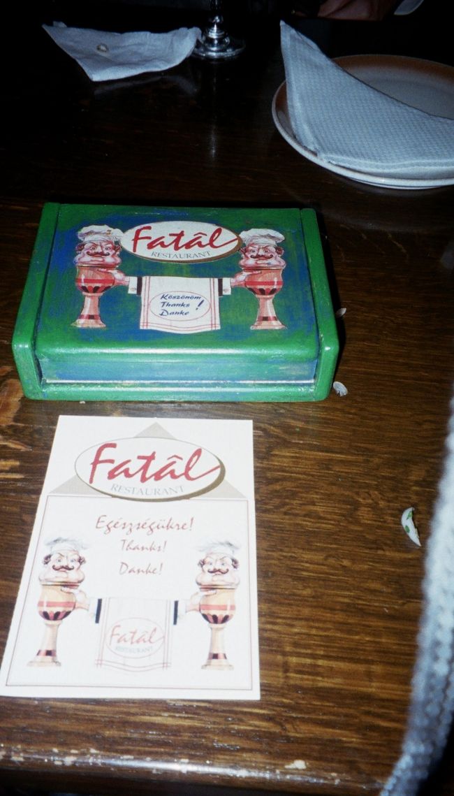 ハンガリーの初ごはんは<br />巨大料理で有名なファタールへ！<br /><br />料理の写真は載せられないんですけど、<br />かなり大きいです。<br />大きいから二人で一つをシェアしようと思ったんだけど<br />一人一皿以上がルールみたく・・・。<br />グラーシュともう一つ、<br />「軽いのは何？」<br />って聞いて勧めてくれた<br />チキンサラダがおいしかったです！<br />サラダって言ってもチキンソテーが<br />食パンの上に乗ってて、周りに<br />グリーンサラダ。<br /><br />この写真はお代入れです！<br />かわいいね☆