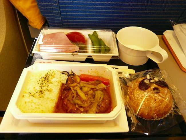 まず、成田北京間の全日空の食事です。量が少なめでとてもよかったです。いつも機内食ってパンとかフルーツとか、お菓子とか、中途半端な味で量がとても多かったりしませんか。メインはハンバーグでした。ぶさいなパンダのシュークリームもあわせておいしかったです。