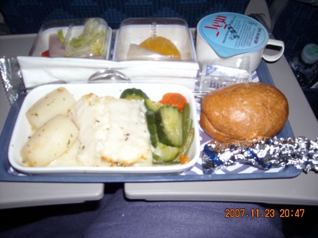 ２度目の機内食。ポークorフィッシュ，で多分深海魚のクリーム煮であろうメニューを選択。クリーム煮と言うよりミルク煮，これは。パンは美味しい。半分ほど食す。<br /><br />おやつとして配られた私のパンビザを，1席空いた同じ並びの席の韓国人青年が本当に穴が開きそうな程真剣なまなざしで見つめていた(いやん)。<br /><br />機内では「武士の一分」(キムタクは何をしてもキムタク)と｢ヘアスプレー」の映画２本と，BBC製作の2007年WimbledonChampionships総集編，PlanetEarthとマヤ遺跡を探検するテレビ用プログラム等を観て過ごす。飛行機では絶対眠れないので個人用エンターテイメントは実にありがたい。