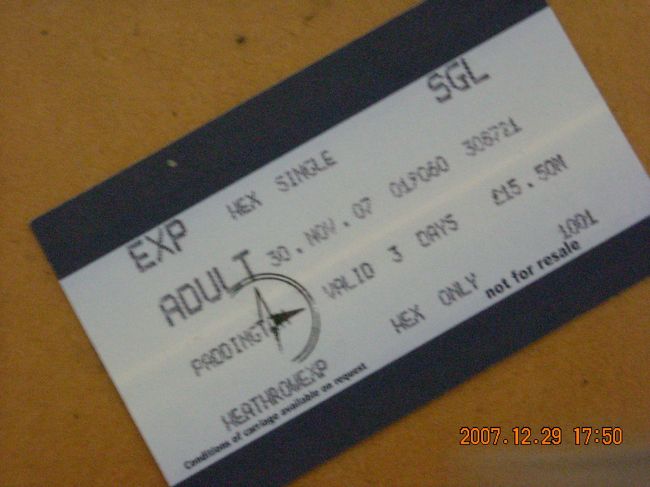 帰りのHEXチケット(Single･£15.50)。