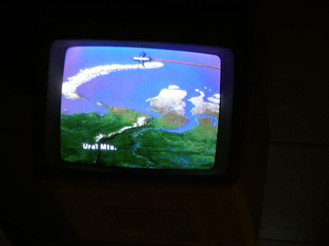 今回はかなり北のルートを取ったため、北極海の上空も飛んでいたもよう。<br />ウラル山脈どころか航路上は海の上。