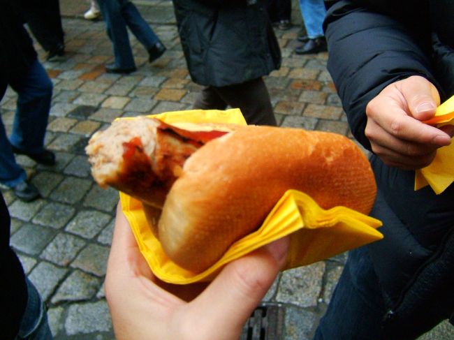 色んなお店を回って大きなドイツらしいウィンナーが使われているホットドッグを購入。<br />味はとっても美味しかった。