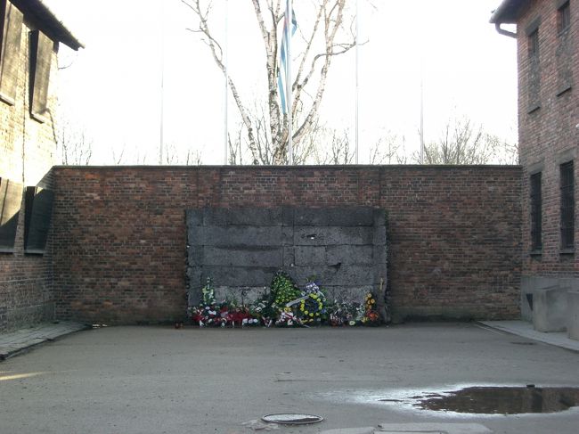 死の壁。ここで銃殺刑が行われていました。両サイドに建っているバラックの窓は全て板で塞がれています。中の囚人達から銃殺刑が見えないようにしていたようです。