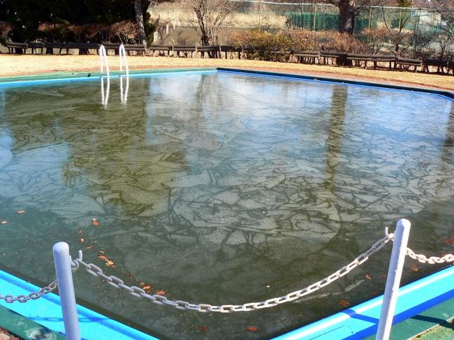氷点下の冷え込みでプールが凍っています