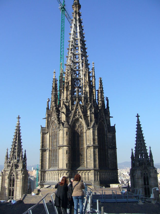 旧市街ゴシック地区のシンボルとなている教会（カテドラル）。残念ながら外観は修復中で覆われていましたが、エレベーターで上にのぼると教会の尖塔が見えました。ゴシック様式です