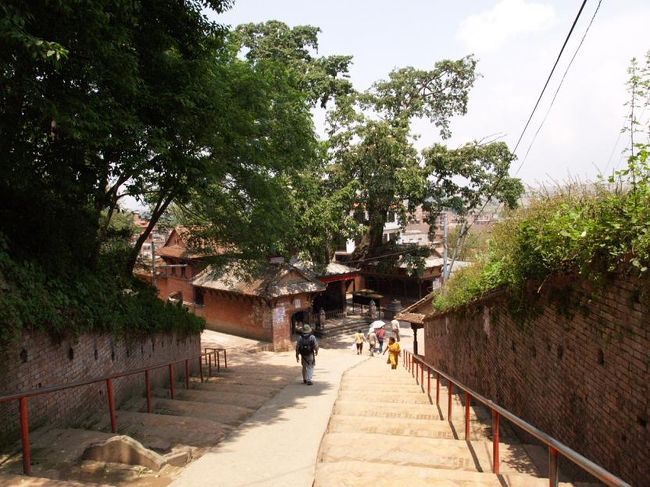 この坂を下りたところにバスが待っていてくれます。<br /><br />カトマンズの渓谷として世界遺産に登録されており、危機遺産の指定を受けていますが、バクプタルに関しては昔ながらの街並が残されているようです。<br />