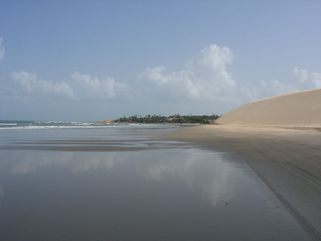 Fev.9, 7am sunny, 30℃, Praia de Jeri<br />引き潮時のメインビーチ。砂丘の側は、朝の空が水面に映り美しい。ジェリコアコアラとも本日でお別れ。<br />ジェリのベストレストランはこちら：<br />?Nomade (R. da Farm&amp;aacute;cia, Mosquito Blueの裏入り口向かい）：釜で焼いたピザや海老と椎茸のジンジャー風味リゾットといった洗練されたイタリアンがおいしい。<br />?Carcar&amp;aacute; （R. do Forr&amp;oacute;, 530）：サンパウロのシェフが腕を振るう。海老のハーブ炒め、土曜のフェジョアダも美味。<br />?Cantina de Jeri（R. do Forr&amp;oacute;）：家庭的なイタリアン。1人分でも2人がおなかいっぱいに。<br />?Sabor da Terra（R. do Forr&amp;oacute;）：良心的な地元料理。いつも混んでいる。<br />ヨーロッパからの移民、観光客が多いこともあって、特にイタリア料理屋が多い。メイン通りのレオナルド・ダ・ビンチというイタリア料理屋（まあまあ）はいろんな言語が飛び交っている。デザートは、いろいろな果物を使ったジェラート（メインストリートに専門店が2件有り）もしくは、ピッコロカフェ（R. do Forr&amp;oacute;）のクレープがお勧め。お勧めしないのは、モスキートブルーホテルのレストラン。<br /><br />