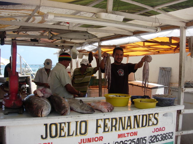 Fev.10, 11am sunny, 33℃, Praia do Mucuripe<br />ホテルの向かいの魚市場。生臭い・・・けど朝獲れたいろいろな魚が見れ、面白い。<br />フォータレーザと言えば、食事はシーフード、特にロブスターを食べたい！という人が多いようで・・・お勧めのレストランは、こちら。（編集中）<br />