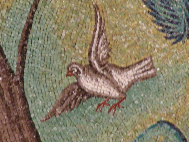 モザイクにも目地と言うか線が見えていて<br /><br />木の淵から順番に<br />１列づつ、１粒づつ並べているように見えます。<br /><br />しかも、グラデーションを考えながら。。。<br />更にしかも、ただ幾何学的な模様ではなく<br />絵画として。