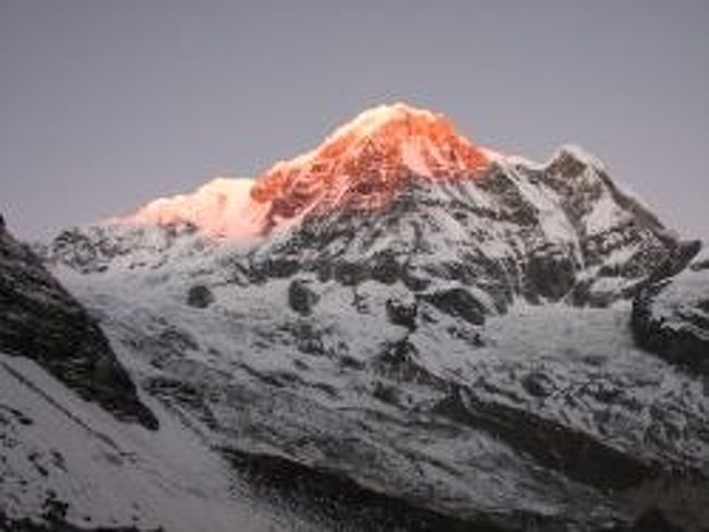 ABCから見た朝焼けに染まるアンナプルナ・サウス
