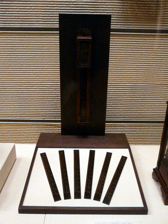 節板式尺時計（ふしいたしきしゃくどけい）はケースの上から徐々に下降する錘が指す目盛りを読み取る単純な機構　<br />日本独特の和時計で価格も低く江戸時代に数多く作られました