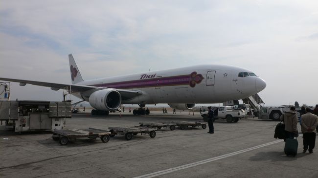 １月６日(日）ネパール出国の日。<br />搭乗予定のタイ航空の飛行機。<br />バンコク経由で帰国。<br />日本からカトマンドゥへ行くのはタイ航空が一番確実だが高いのが難点なのだとか。（ポカラ滞在の日本人男性の話）。<br />因みに私はドルゥック航空利用でブータン経由で帰りたかった。 