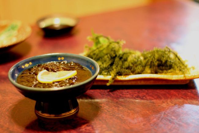 初日のご飯<br /><br />沖縄もずくと海ぶどうです