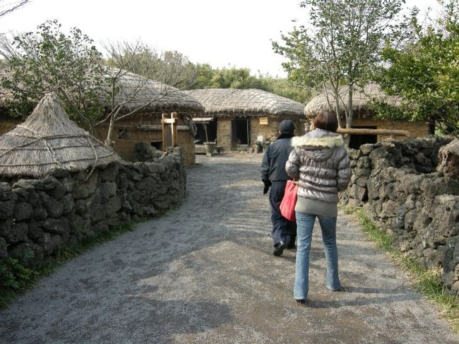 済州島は風が強い為、石を積み重ねて塀を作り家屋を守ったそうです。石はただ重ねてのせてあるだけ。<br />前の黒い服の方がﾄﾞﾗｲﾊﾞｰの『コさん』です。済州島のことを色々と説明してくださいました。