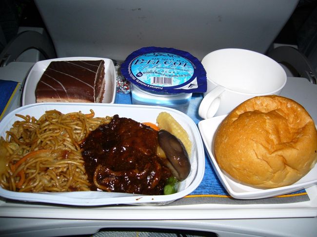 帰りの機内食。<br />焼きそば的なもの。味はかなりビミョウ。<br />(ロイヤルブルネイには、「もうちょっと機内食頑張れ」と言いたい。)<br /><br />シンガ在住中にブルネイに行くのが夢だったので、今回訪問できて嬉しかったです。<br />将来お金持ちになったら、またブルネイを訪問し、今度はエンパイアホテルのスイートルームに泊まりたい！