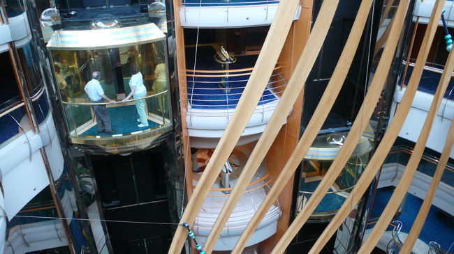 中央に２台有るシースルーエレベーターです。<br />船内には乗客用エレベーターが１１基有ります。<br />