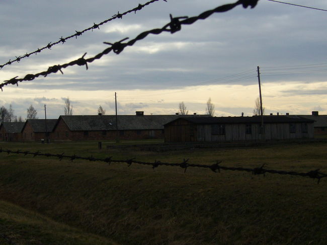 鉄ワイヤーの向こうに見える収容所。アウシュビッツでは足りなくなって増設されたより大型の収容所ビルケナウ。もっと荒涼としていました。