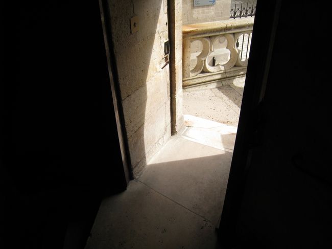 パリの街なみを満喫した後は、大聖堂の中を見学です。らせん階段をくだってきて、外への出口です。<br /><br />上りは、みんなゆっくりめにのぼりますが、下りは、つい、駆け足で降りてしまい、頭がぐるぐるしました。足すべらしたら、やばいと思いつつも。<br /><br />一部、上りと下りが同じらせん階段を使わなくてはならないところがあって、おりるタイミングを間違えるとエライことになります。