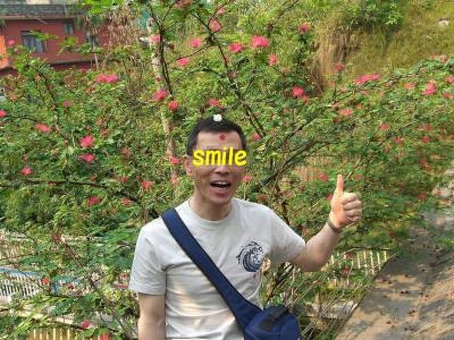 園内には、お花。<br />園内にいたおばあちゃんに、おでこに赤いおしるしをつけてもらった