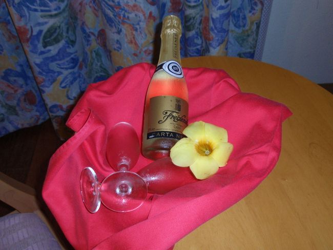 コテージに戻り、今度はホテルからのサービスのシャンパンをルームサービスで。サプライズの多さに感激です♪