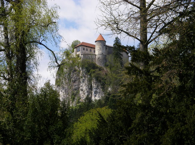 リュブリャーナの駅前のバスターミナルから、バスで約1時間半で、ブレッド湖に到着！<br />バスは、1時間に1本くらい。時間帯によって（もっと朝早くとか）は、もう少し多いかも。6.3ユーロ。<br /><br />断崖にそびえ立つブレッド城。あそこも登っとかないとー。<br />