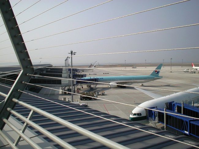 中程に見える水と白色のツートンカラーは大韓航空機です。今回は満席でしたから、同じ韓国のアシアナ航空の方にしました。