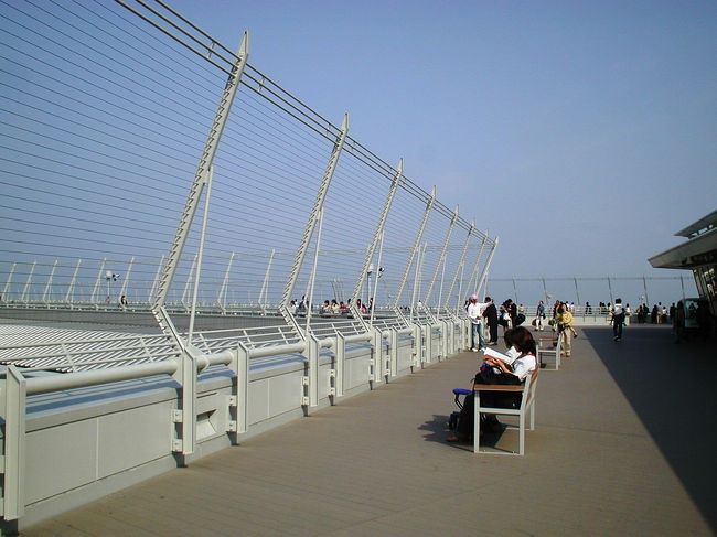 屋外デッキの光景です。天気の良い日でしたから、ベンチに腰掛けて待ち時間を過ごす人や、離着陸を見学する人の姿が多くありました。