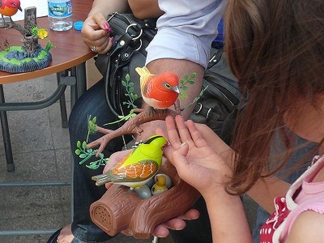 音に（？）反応して動く鳥のおもちゃ。<br />「ちょっと！」と呼び止めてくれたのは、娘がいるからかと思いきや、買う気もないのに遊びまくるトルコ人。<br />娘も遊ばせてもらって、満足。